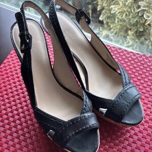 Nine West Black Leather Open-Toe Slingback Heels
